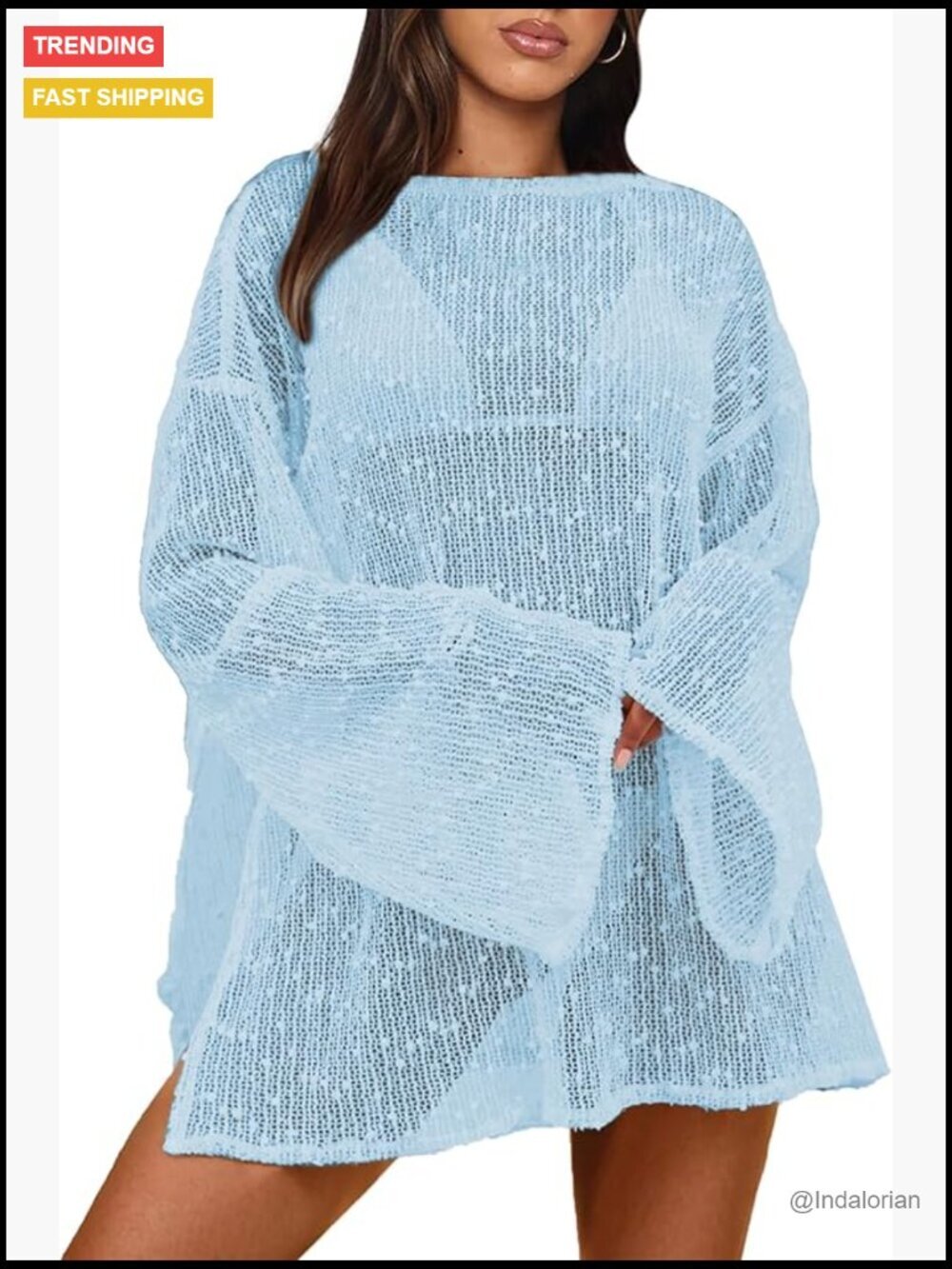 Crochet Boat Neck Swimsuit Coverup Long Sleeve Sheer Beach Dress